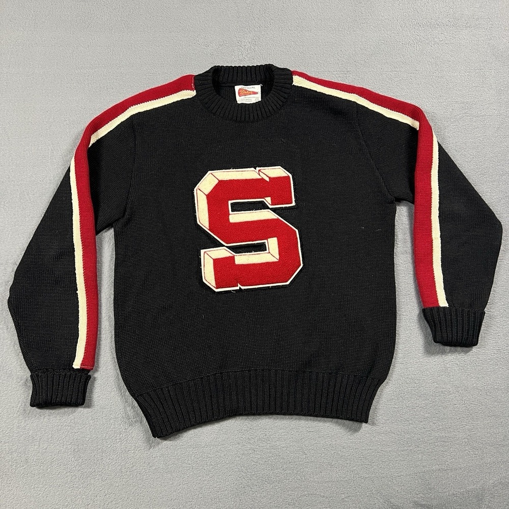 VTG‎ Dehen Knitting Sweater Mens S 38 Black Varsity Letterman S Patch Wool Knit